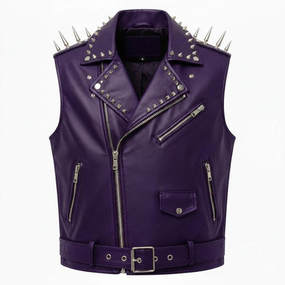 Front view of purple studded leather biker vest with metal spikes