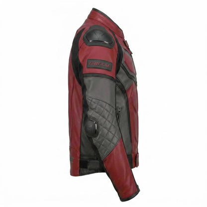 Side angle of red leather biker riding jacket for men
