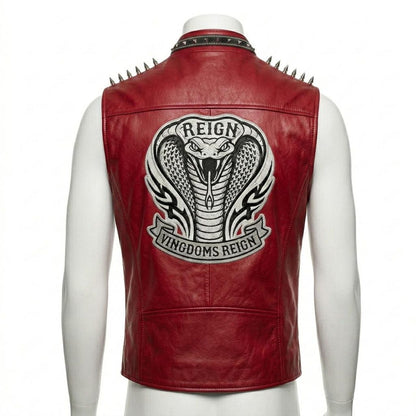  Back view of red and black leather biker vest for men