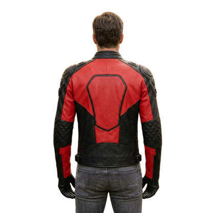 Back view of red and black moto leather jacket with quilted panels
