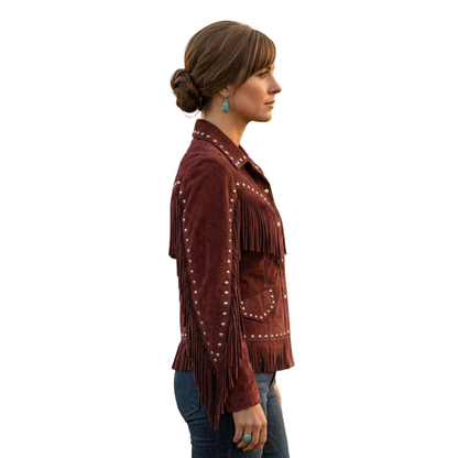 Side view of red boho cowgirl suede leather jacket with fringe