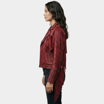 Women Red Fringe Studded Leather Biker Jacket
