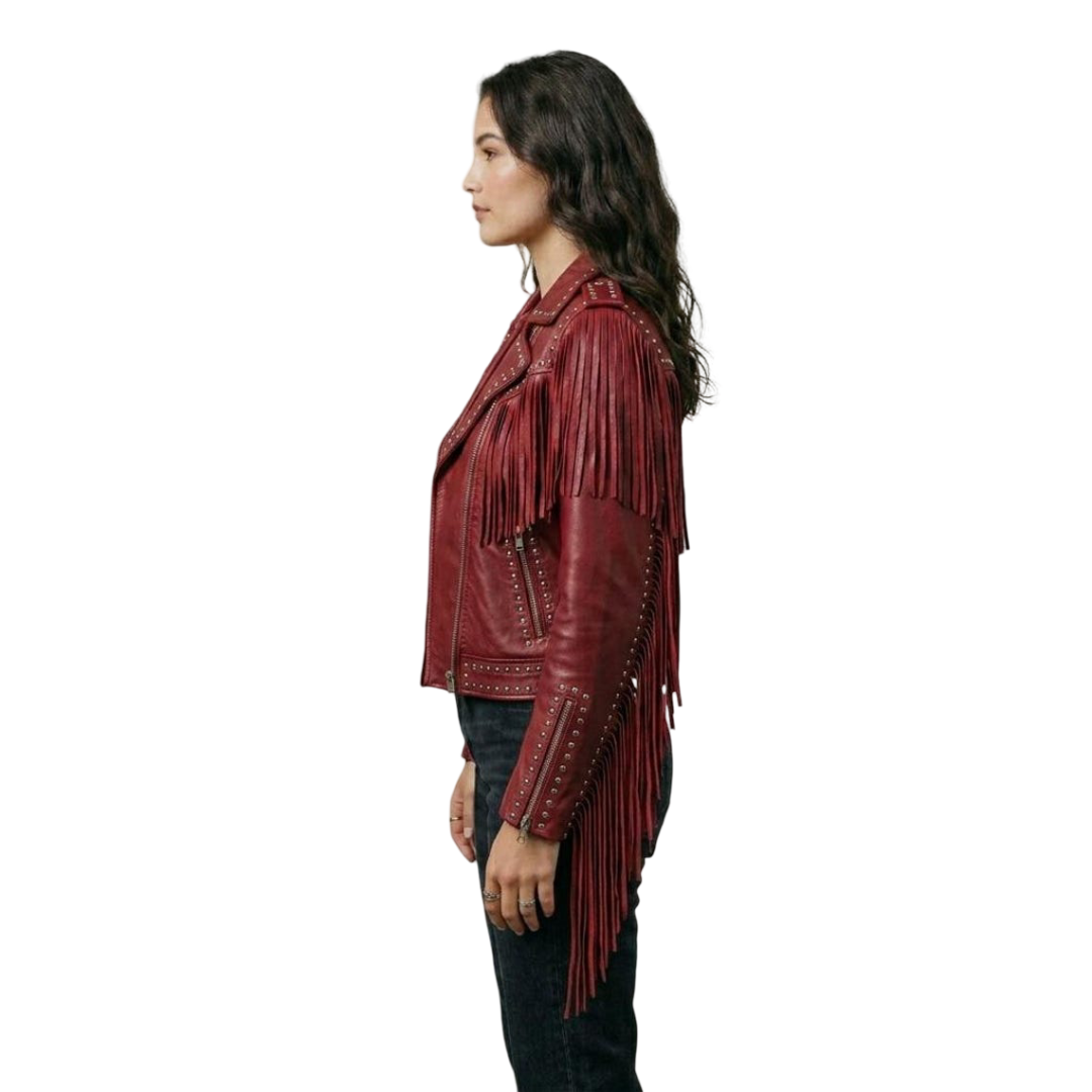 Side angle of red fringe leather jacket for women with metal stud detailing