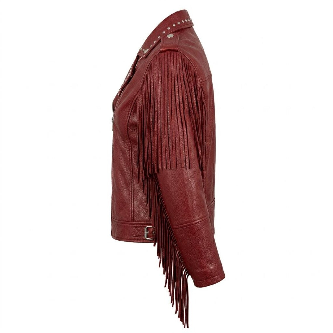 Side angle of red leather fringe studded biker jacket with metal studs