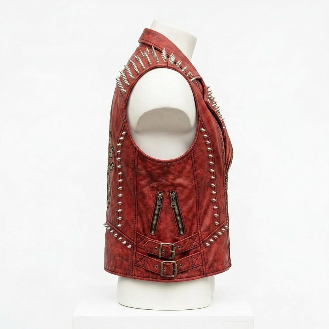 Side angle view of red gothic biker waistcoat for men