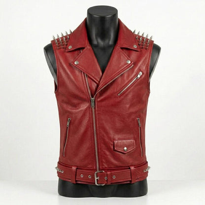 Front view of men red leather biker vest with skull patch and studded shoulder