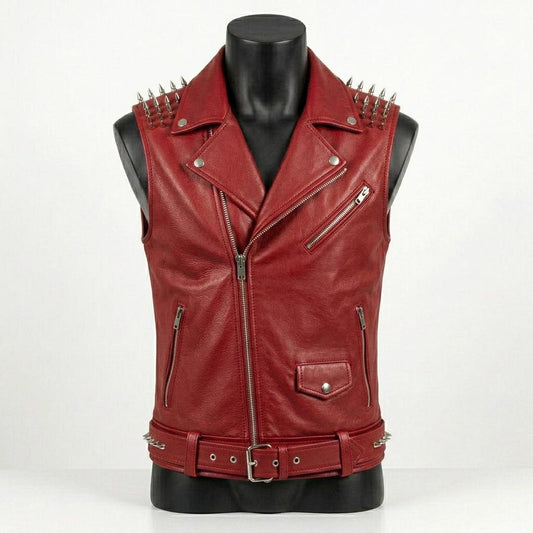 Front view of men red leather biker vest with skull patch and studded shoulder