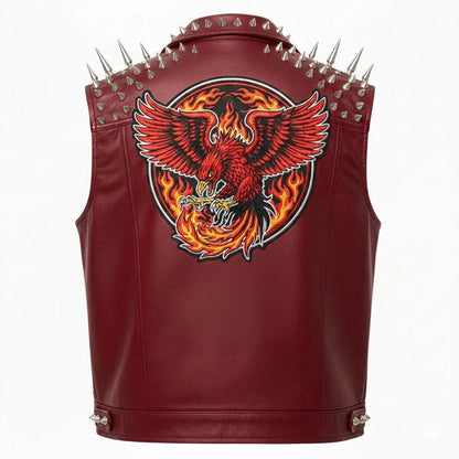 Back view of red leather biker vest featuring phoenix fire patch