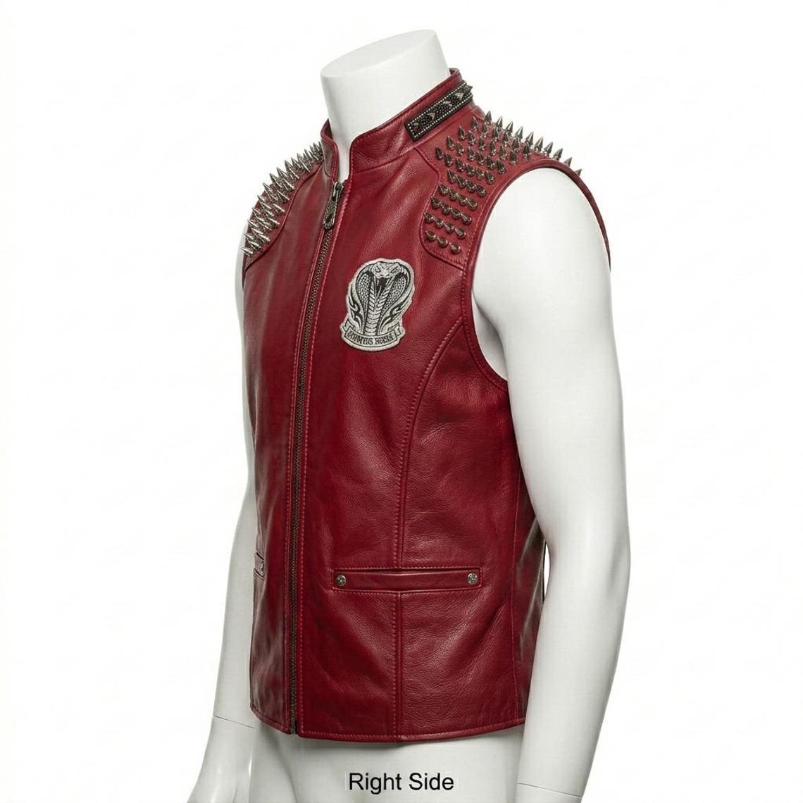 Side profile of men red leather biker vest with spikes