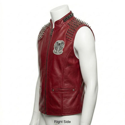 Side profile of men red leather biker vest with spikes