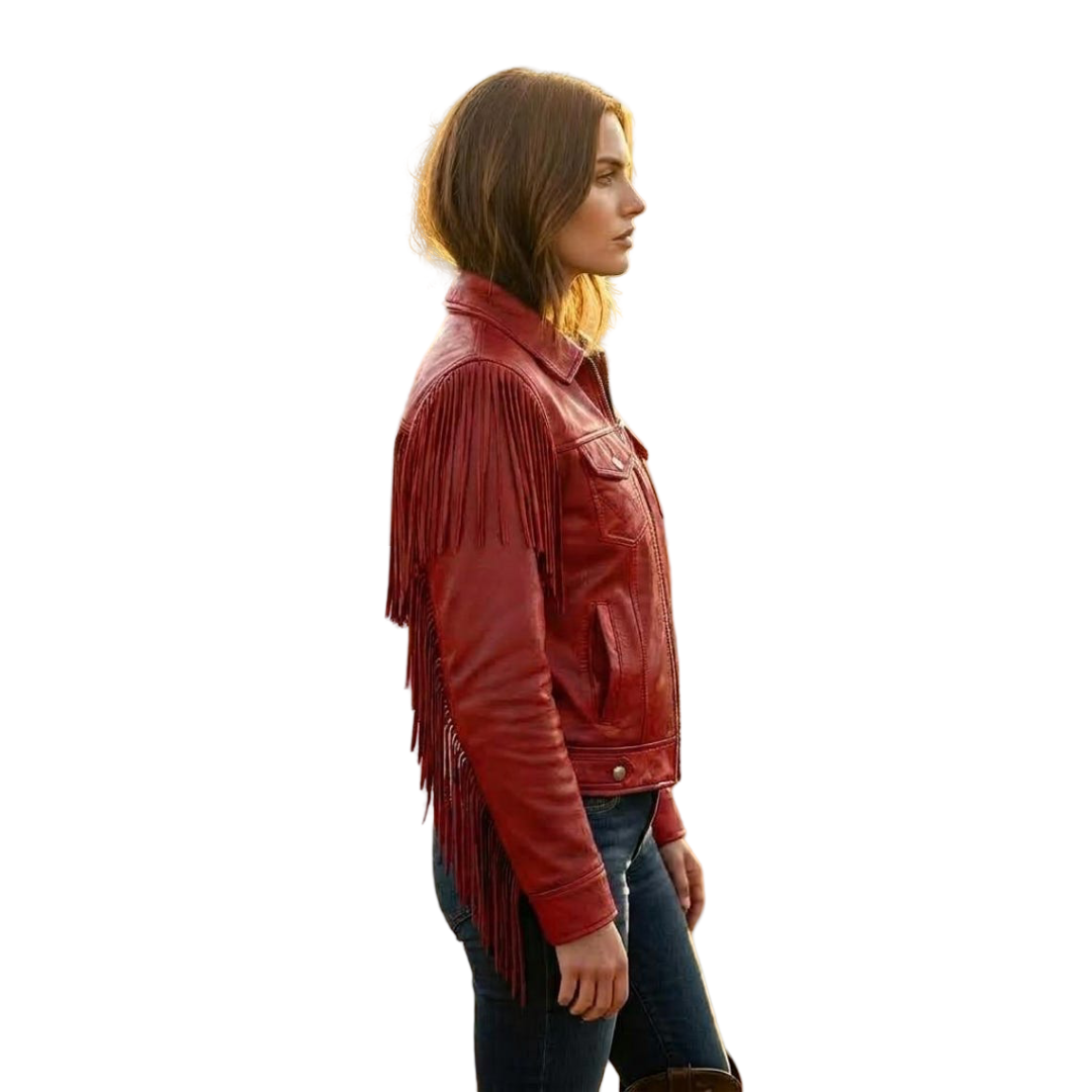 Side angle of red leather fringe jacket showing long western fringe detail