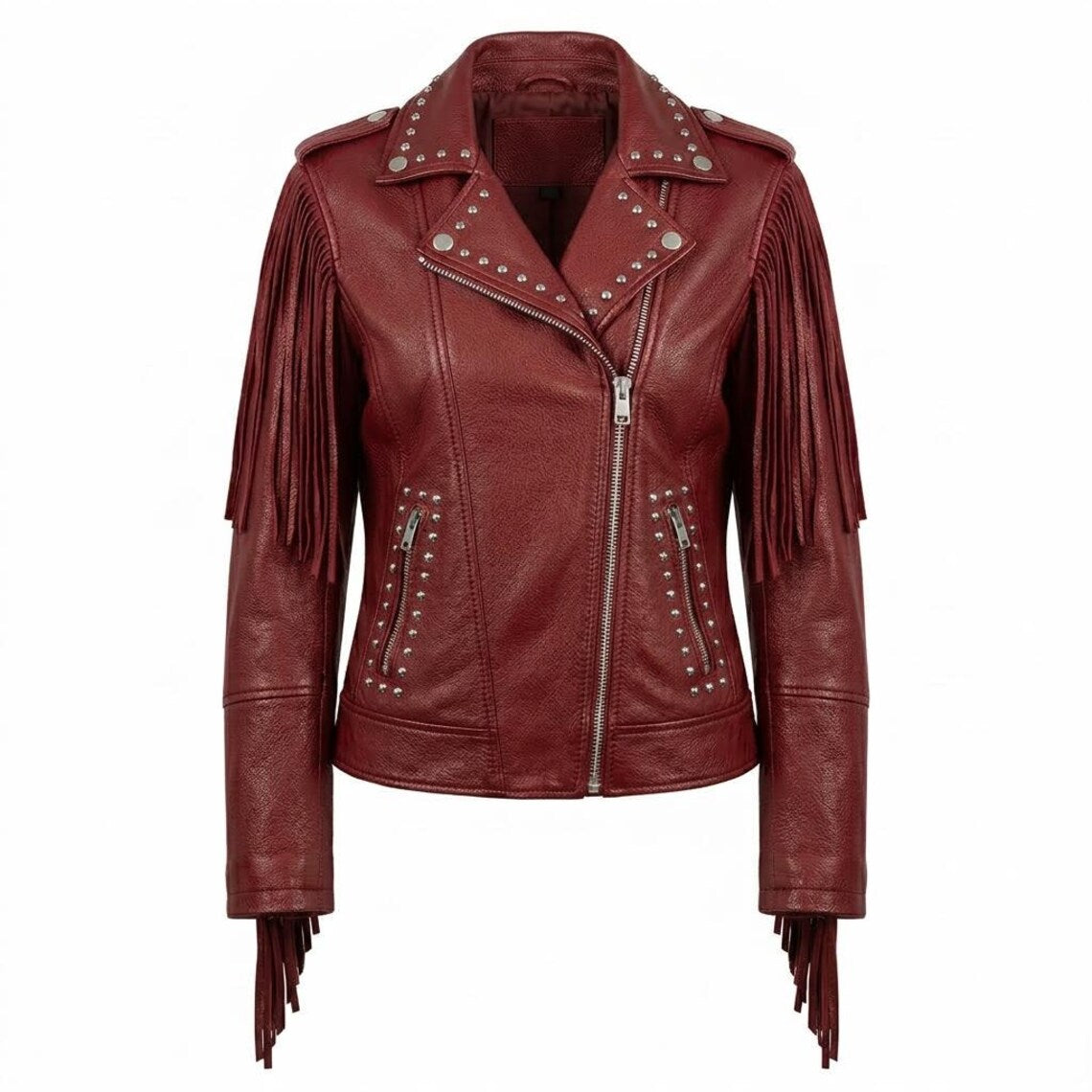 Front view of women red leather fringe studded biker jacket slim fit moto style