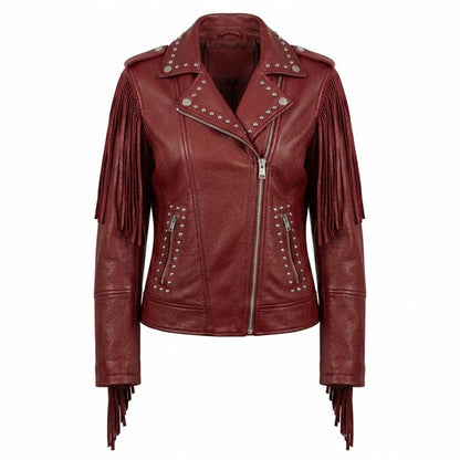 Front view of women red leather fringe studded biker jacket slim fit moto style