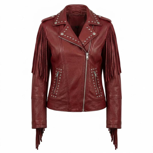 Front view of women red leather fringe studded biker jacket slim fit moto style