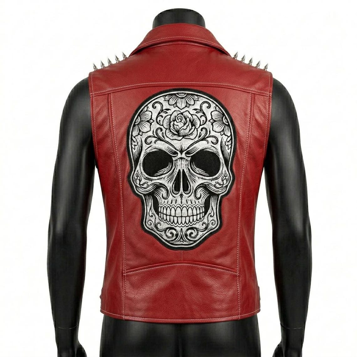 Back design of men red leather biker vest with gothic skull patch