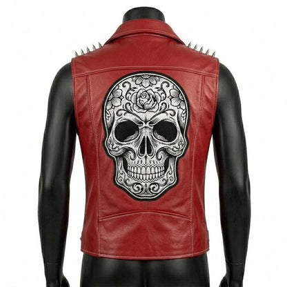 Back design of men red leather biker vest with gothic skull patch
