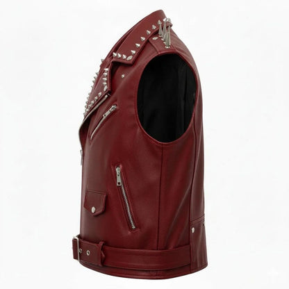 Side view of red spiked leather biker vest for motorcycle rider