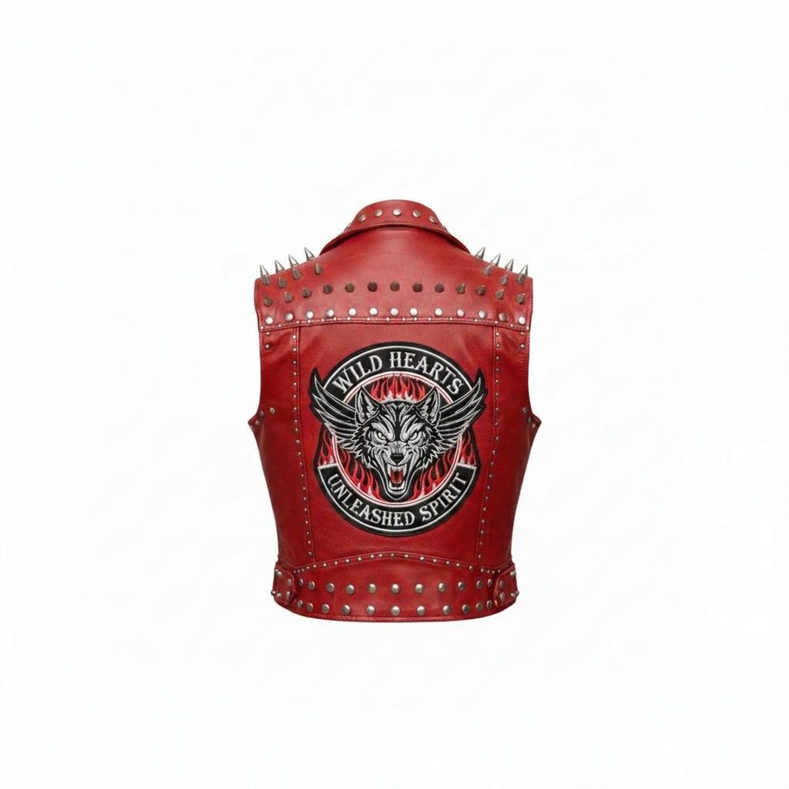 Back view of red studded leather biker vest featuring detailed wolf patch