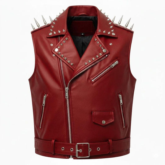  Front view of red studded spiked leather biker vest with metal detailing