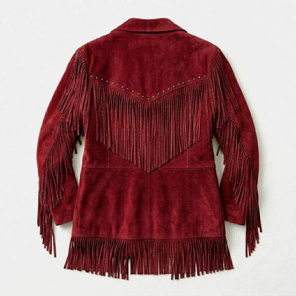 Back view of western red suede fringe jacket with extended fringe

