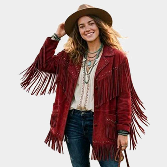 Women Red Suede Fringe Leather Jacket Western Boho Biker Style