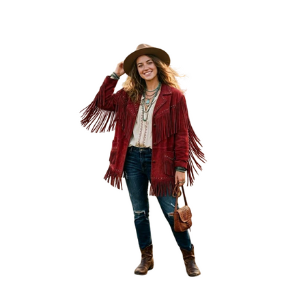 Front view of women red suede fringe jacket with western boho design
