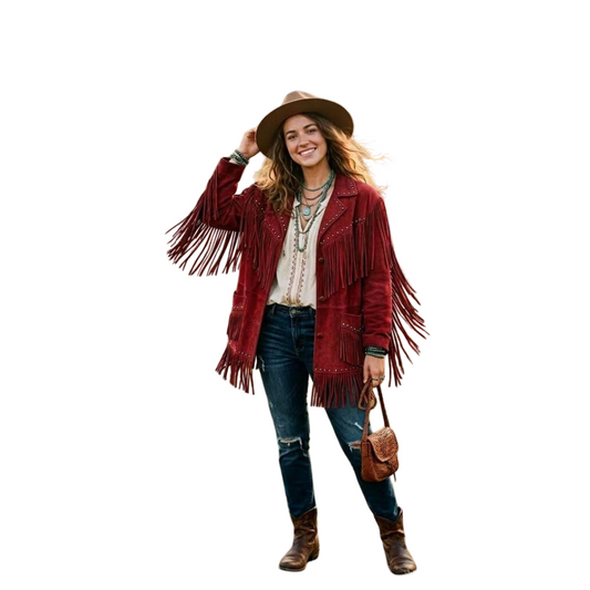 Front view of women red suede fringe jacket with western boho design