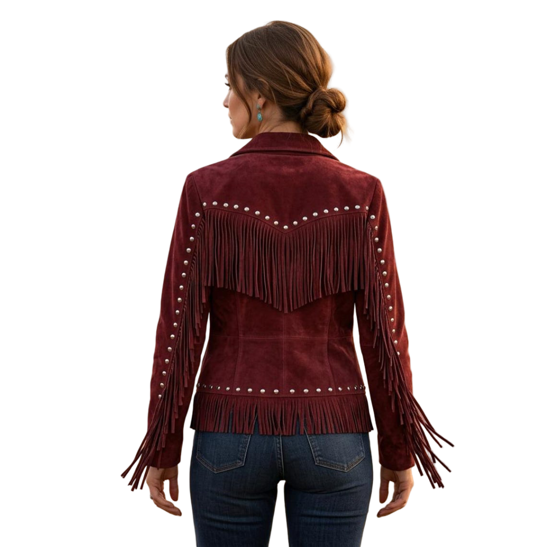 Back view of red suede fringe leather jacket showing long flowing fringe