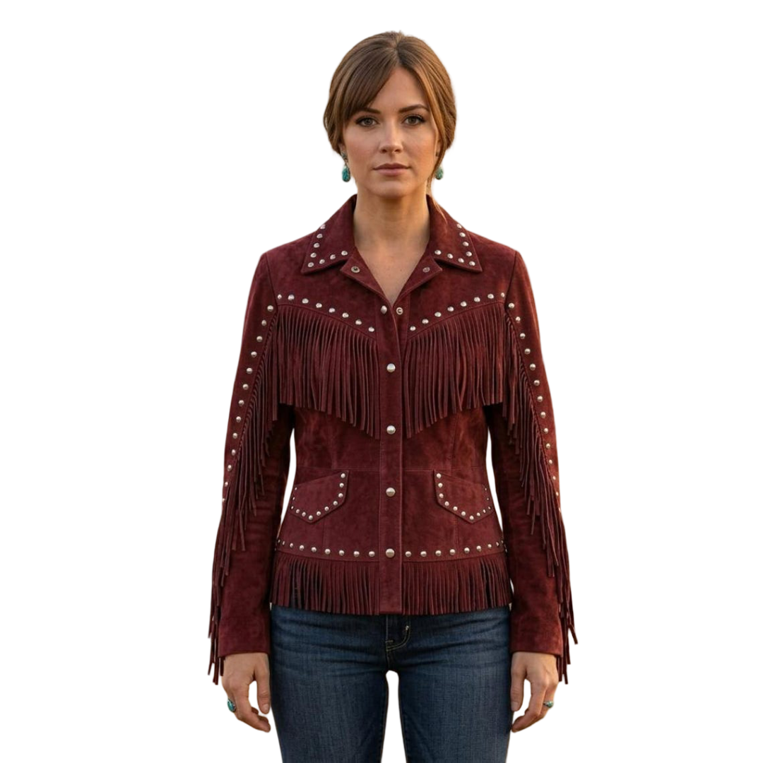  Front view of women red suede fringe leather jacket with studded western detail and button