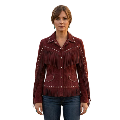  Front view of women red suede fringe leather jacket with studded western detail and button