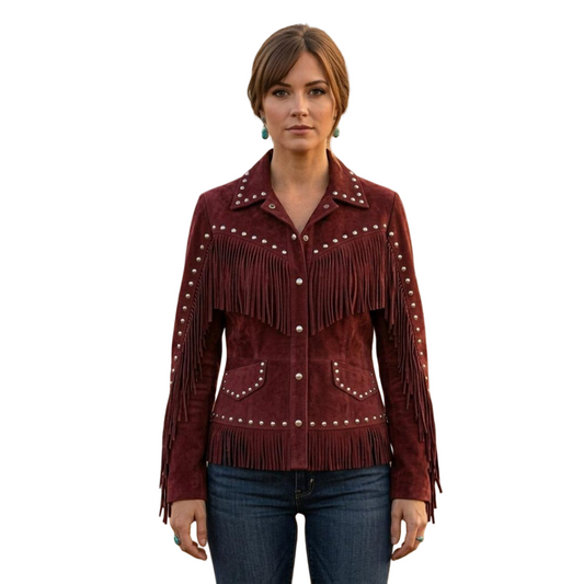  Front view of women red suede fringe leather jacket with studded western detail and button