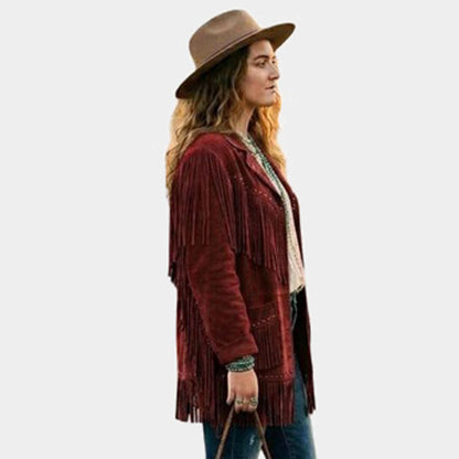 Women Red Suede Fringe Leather Jacket Western Boho Biker Style