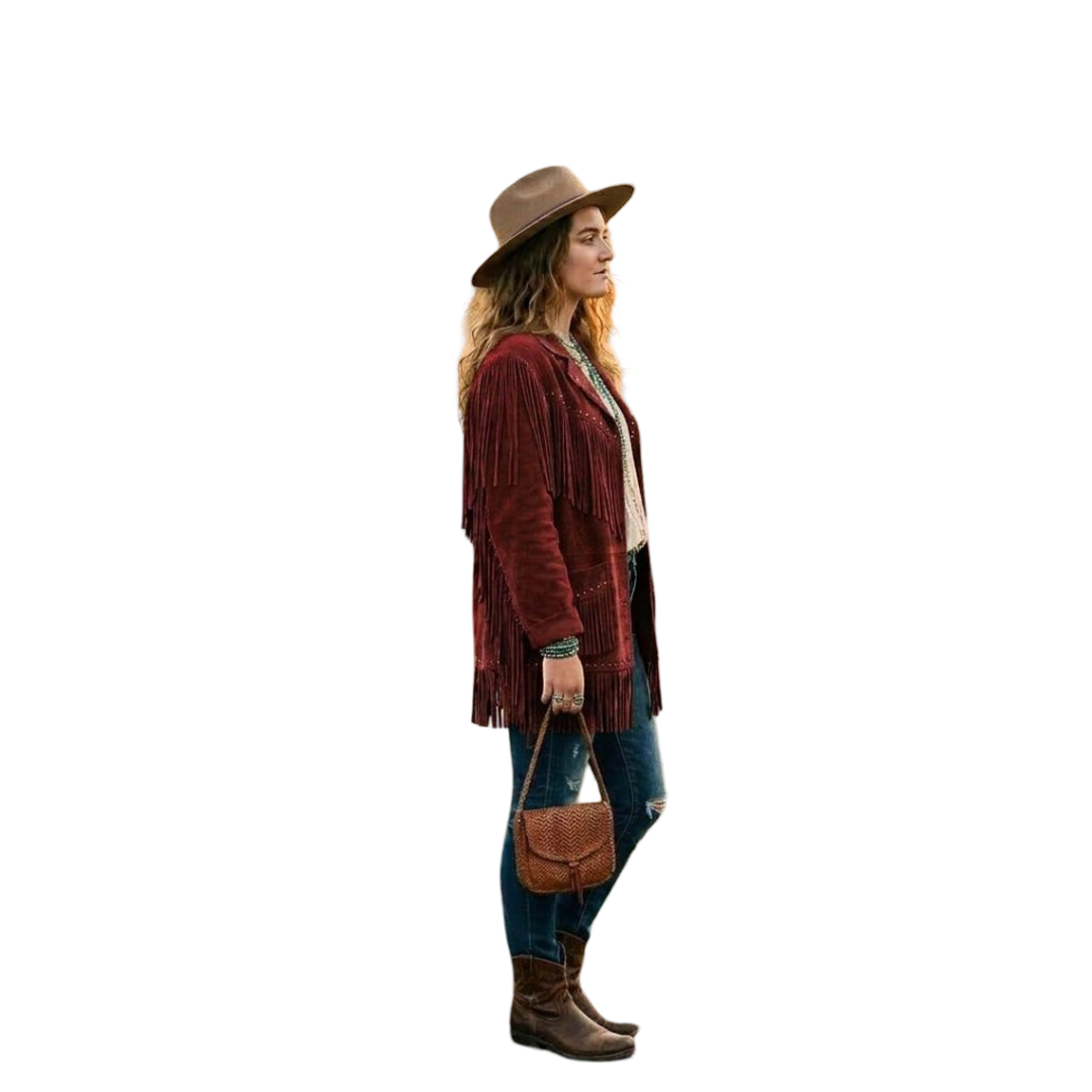 Side detail of red suede fringe leather jacket showing long flowing fringe


