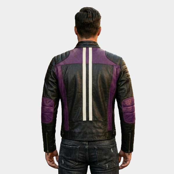 Men Purple and Black Leather Biker Jacket Quilted Retro Moto Racing Style