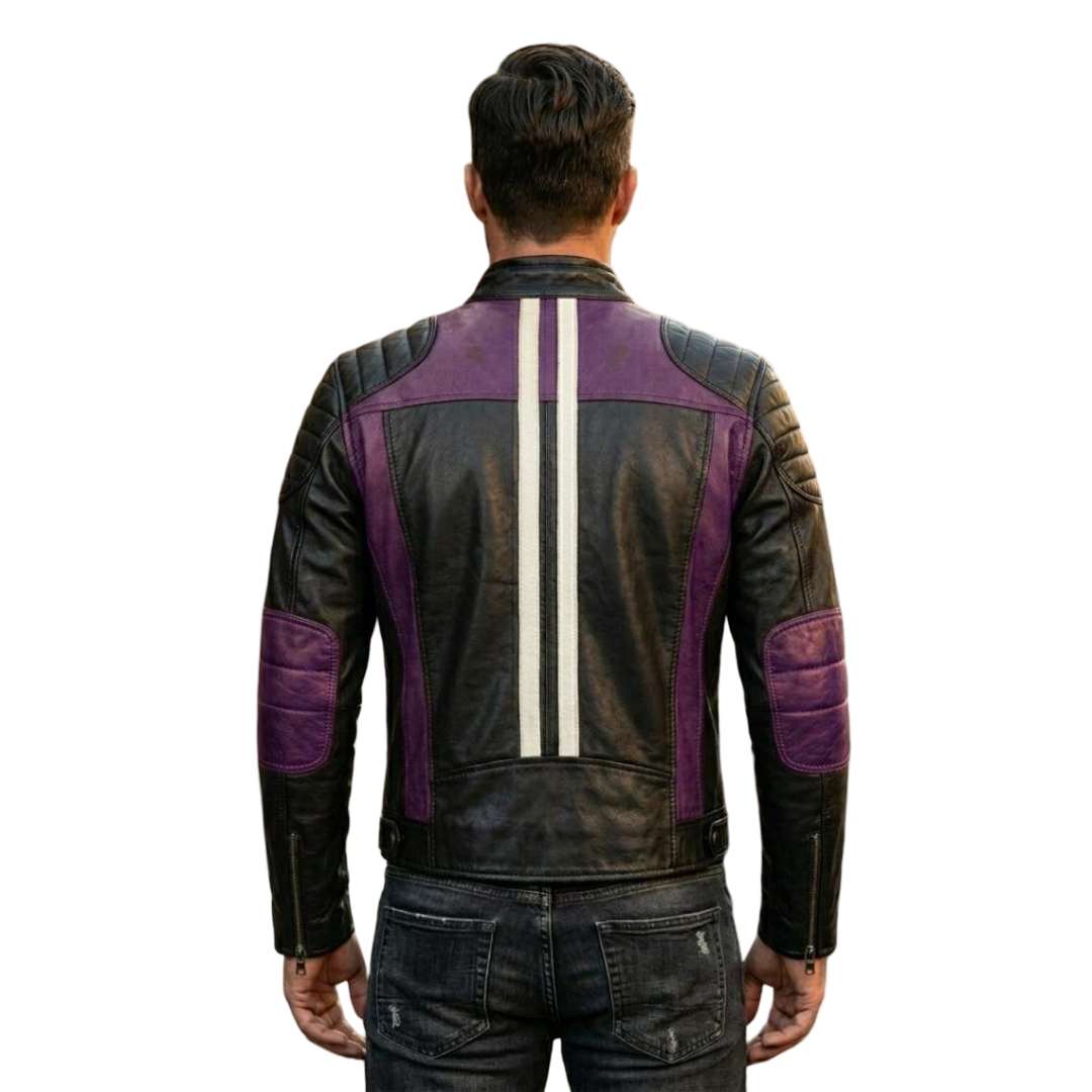 Back view of retro moto purple and black leather biker jacket