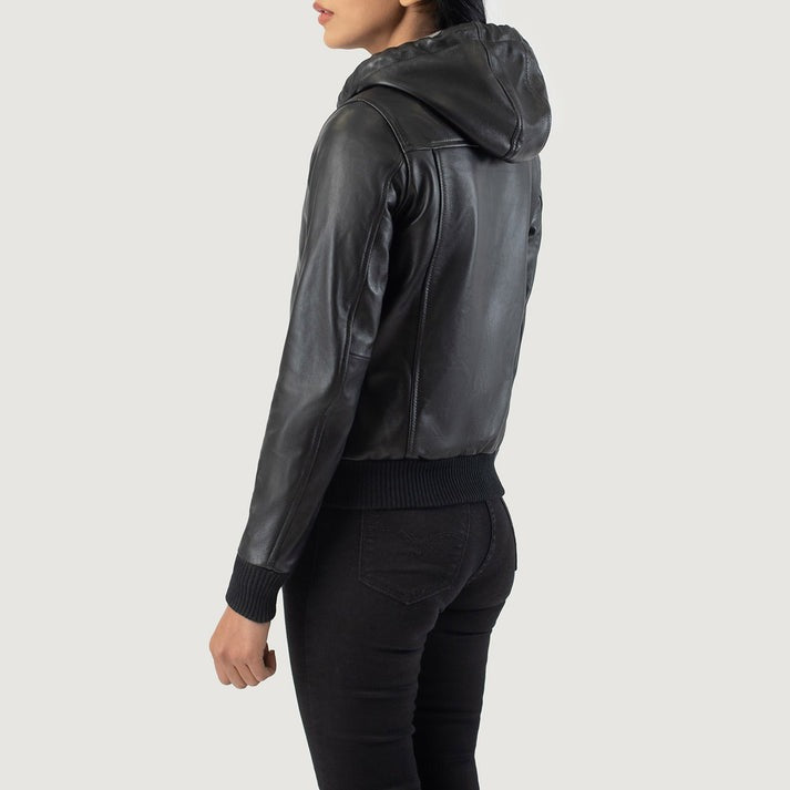 Black hooded leather bomber jacket featuring a front zipper closure