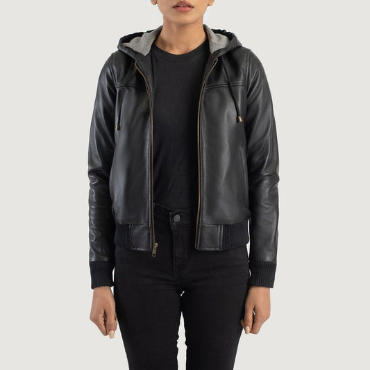 Rubella black genuine leather bomber jacket with a detachable hood