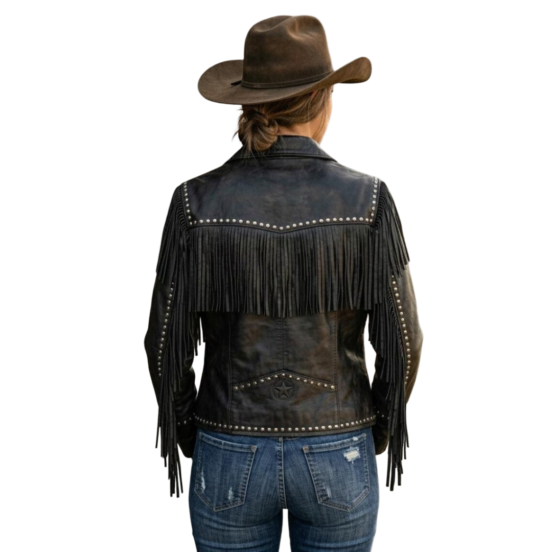 Back view of Scully black cowgirl leather fringe jacket