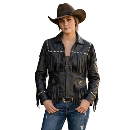 Front view of Scully Black Leather Fringe Jacket for women with stud accents