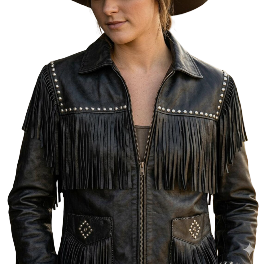 Front zip closure detail on Scully black leather fringe jacket