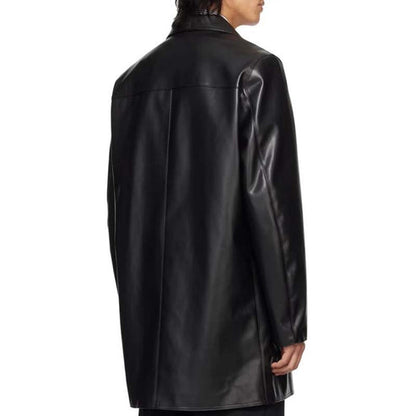 Back view of genuine sheepskin leather long coat for men