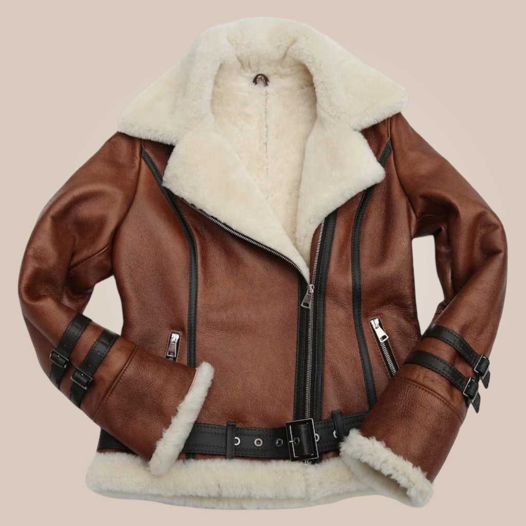 sheepskin aviator jacket for women in brown