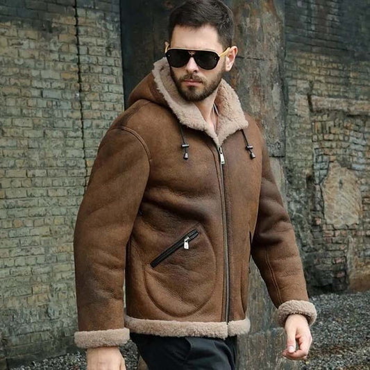 Men's dark brown B3 shearling hooded leather jacket