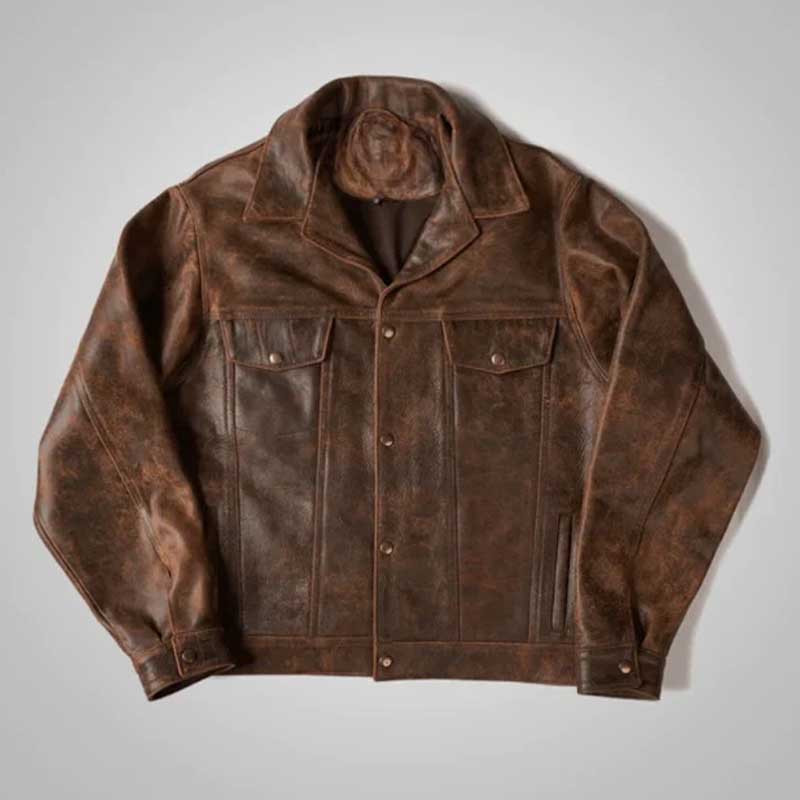 shop mens trucker distressed leather jacket in dark brown shearling store