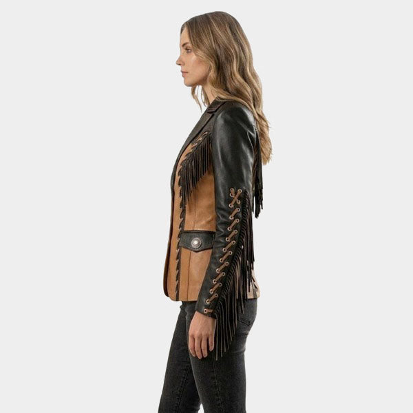 Black Tan Fringe Leather Jacket Women Cowgirl Corset Blazer