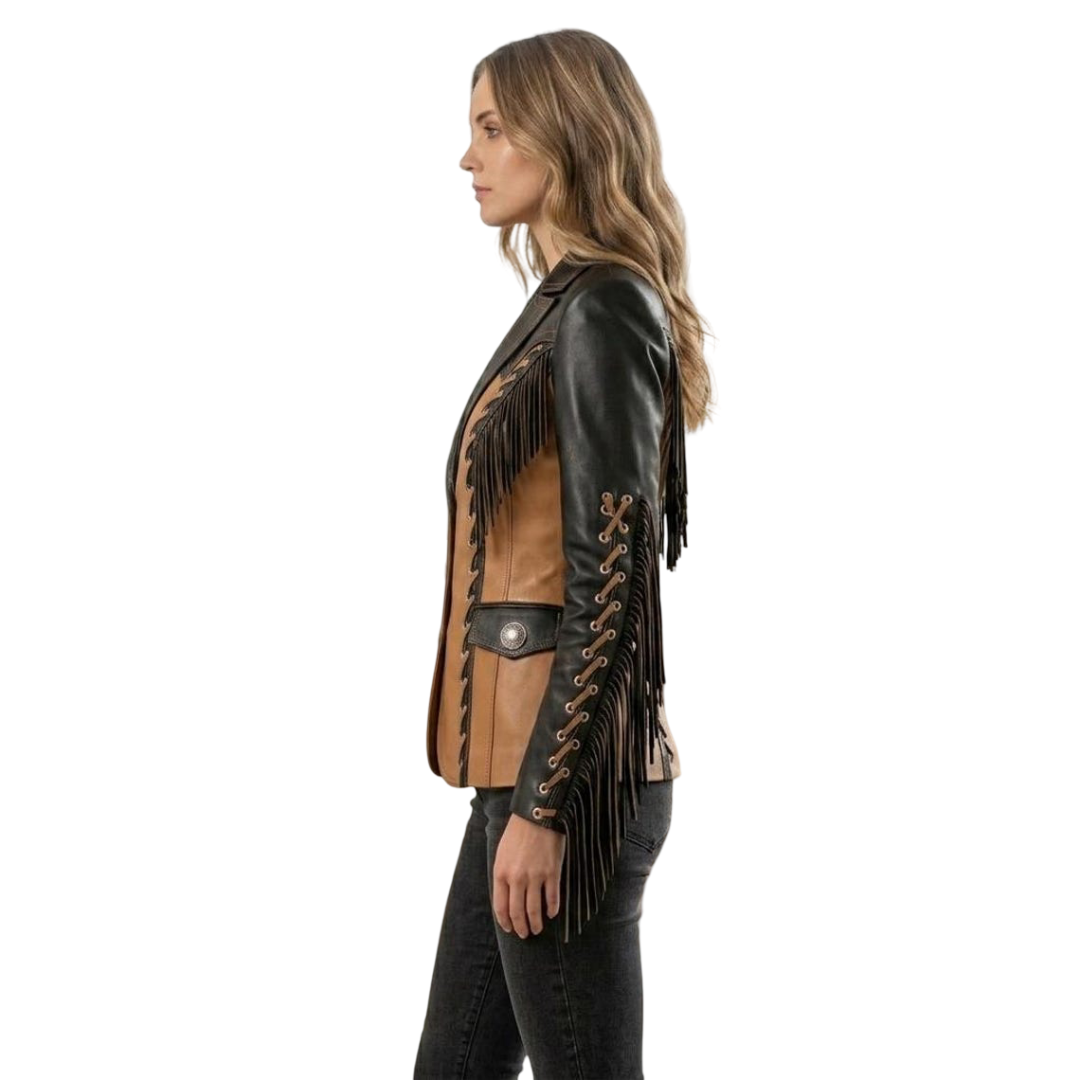 Side view of black tan fringe leather jacket women cowgirl corset blazer showing tailored fit and fringe detail
