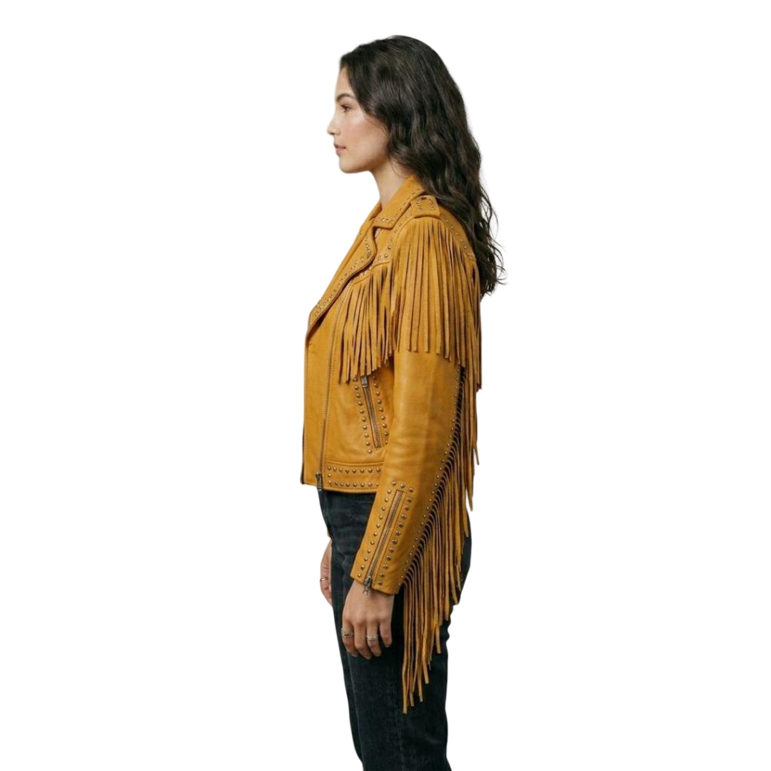 Side profile of yellow fringe leather jacket showing long fringe sleeve design