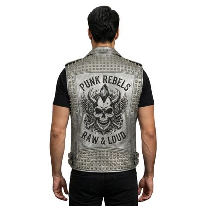  Back design of men silver leather biker vest with patch detail