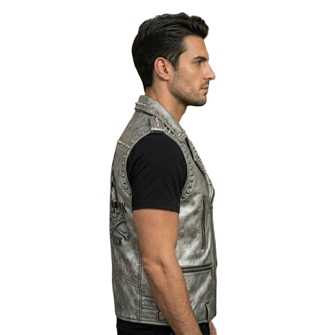 Side profile of silver motorcycle leather vest for men