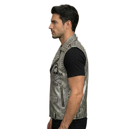  Side profile of silver motorcycle leather vest for men